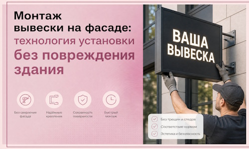 Монтаж вывески на фасаде: технология установки без повреждения здания в Москве